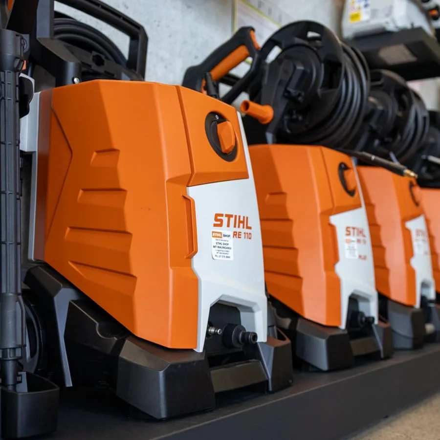 STIHL water blasters lined up in the showroom