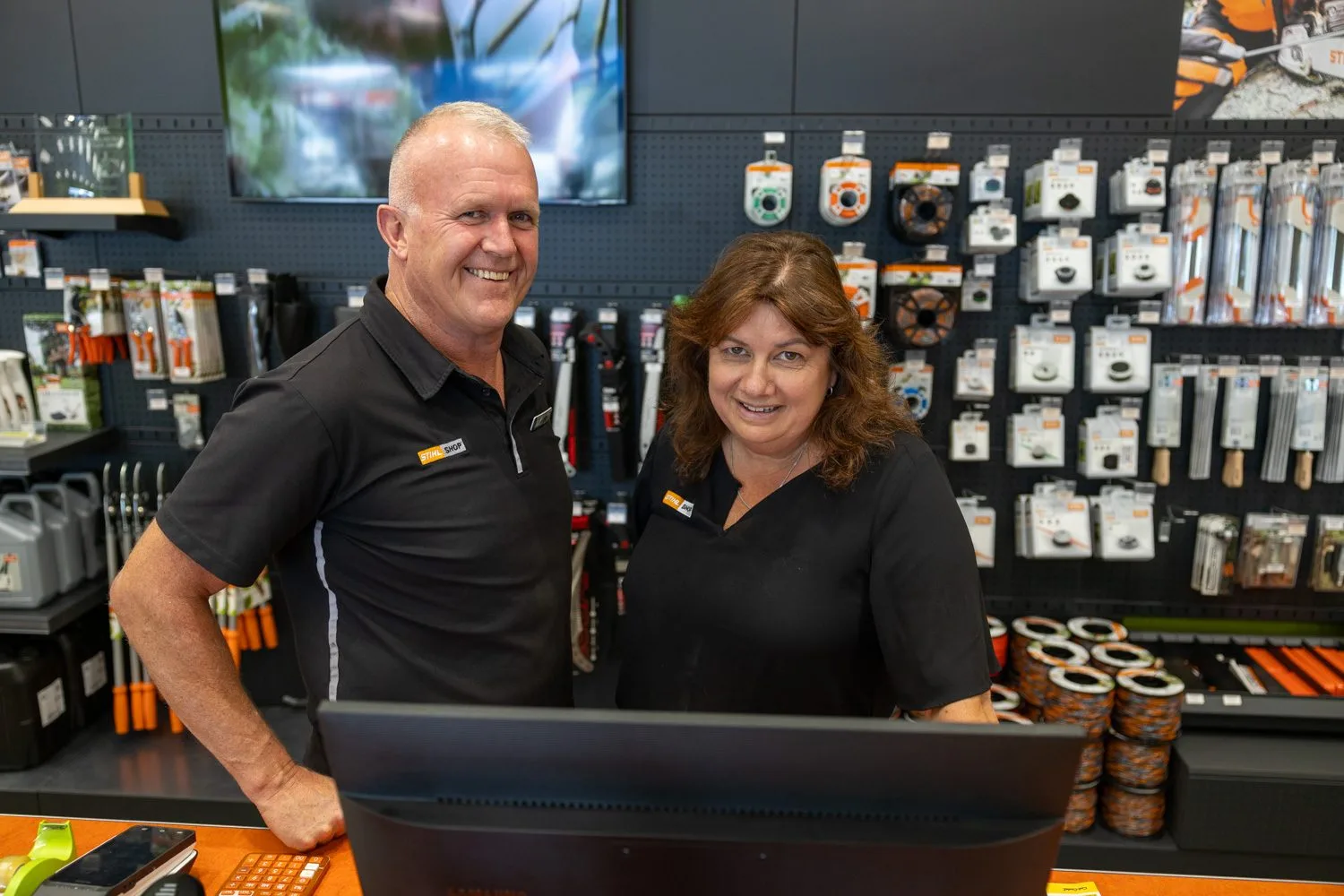 Craig and Fiona behind the counter at STIHL SHOP Mt Maunganui