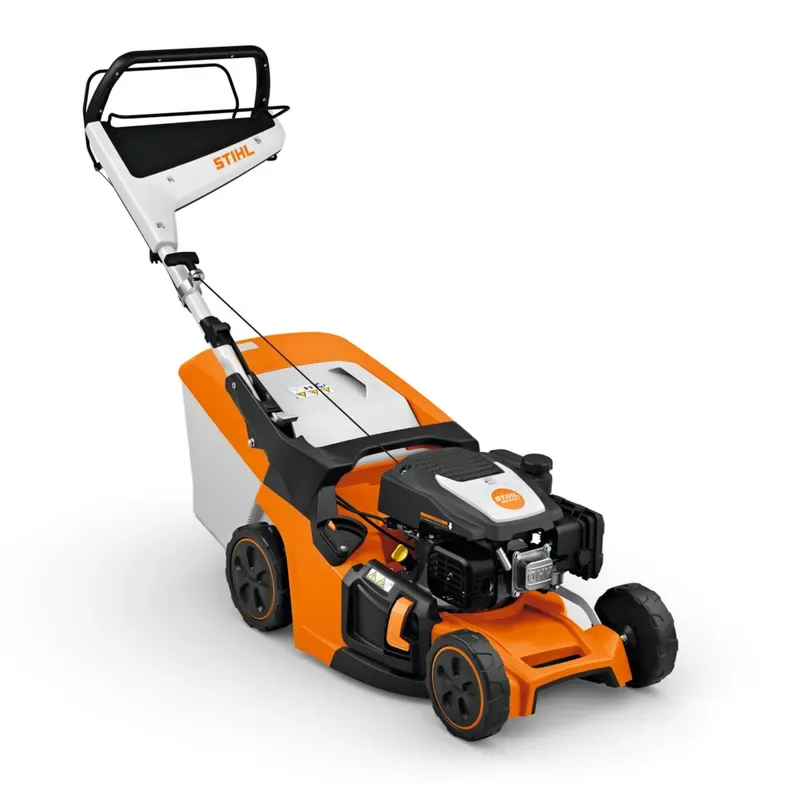A clear-cut STIHL petrol lawnmower on a white background